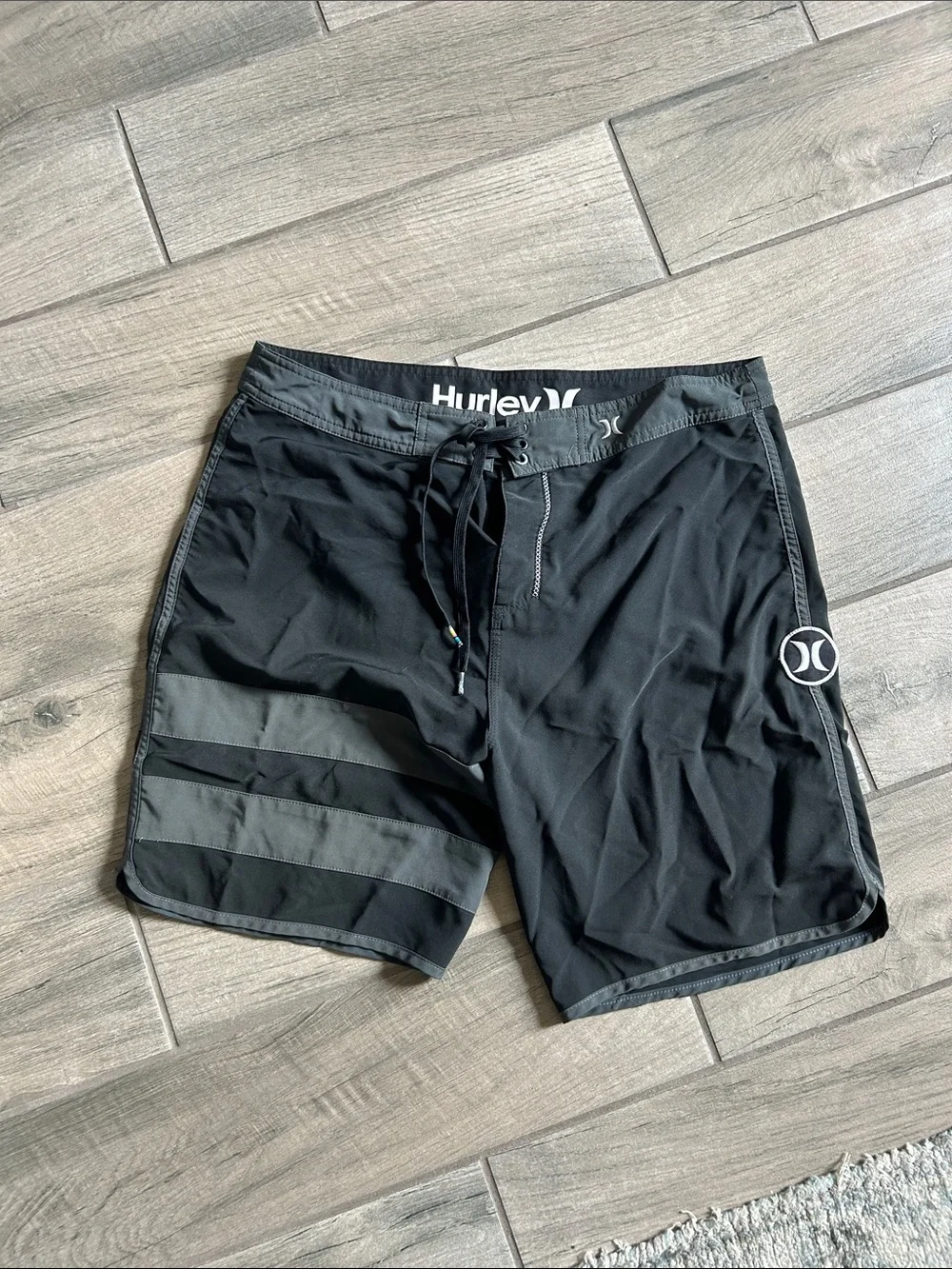 Hurley Black Swim Board Shorts with Gray Stripe Accents